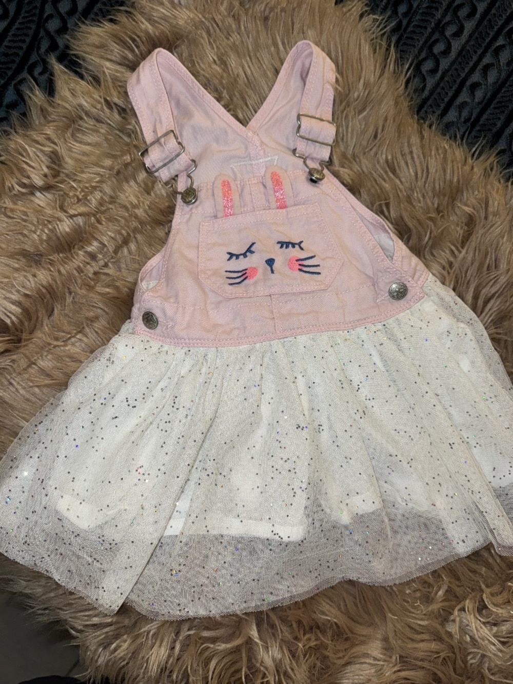 Oshkosh Bunny Overall Dress Size Pink Denim Sparkle Tulle Tutu Sz 18m Bunny Tail